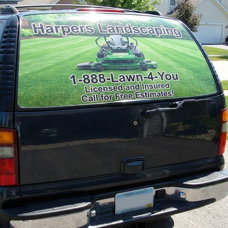 Personalized perforated rear window vinyl graphic with one-way visibility
