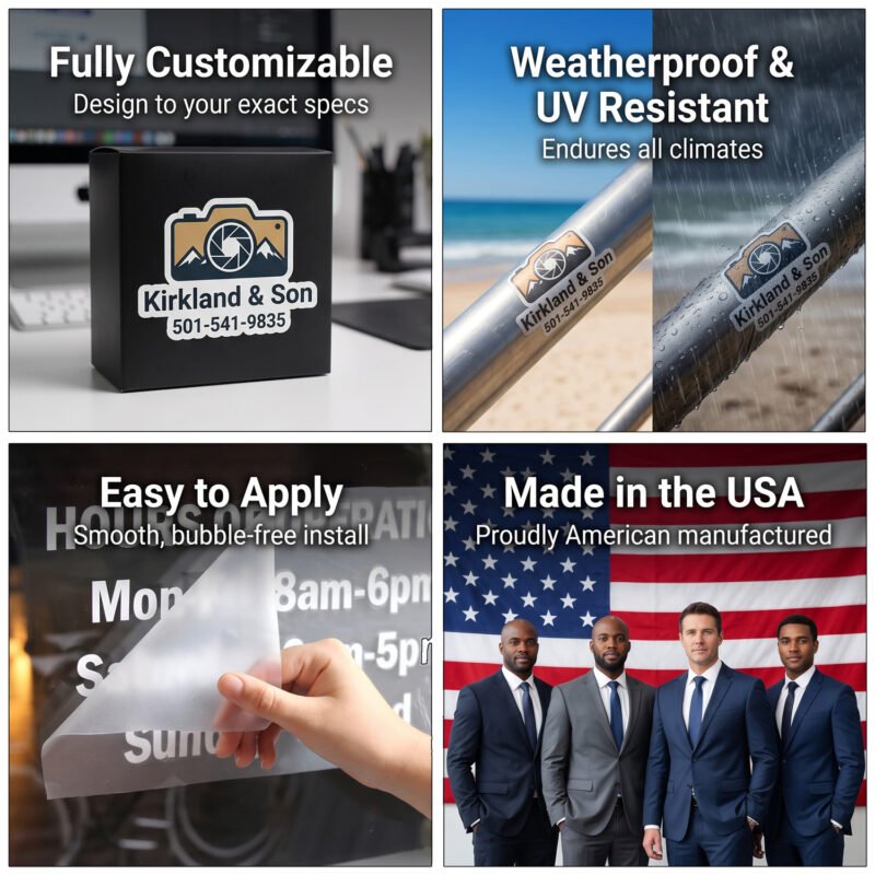 Product Features of Stickers and Decals at TheRetractableBanner.shop - Fully Customizable, Weatherproof, Easy to Apply, and Made in the USA