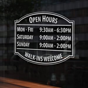 Open hours vinyl lettering decal for storefront windows