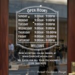 Custom open hours decal applied on wooden glass door, business storefront vinyl lettering, personalized store hours sticker by TheRetractableBanner.Shop