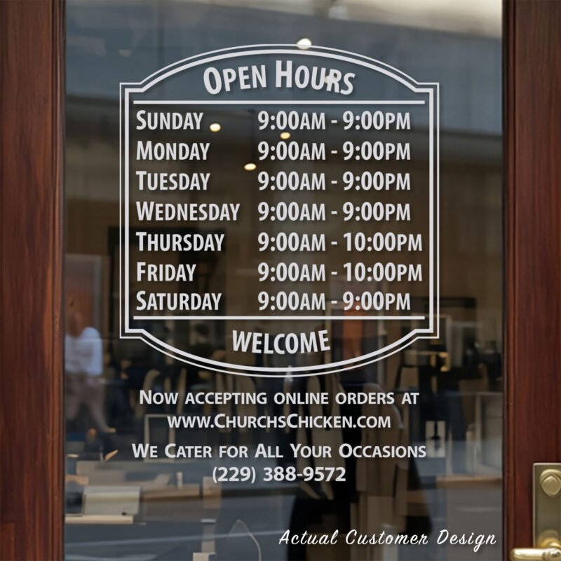 Custom open hours decal applied on wooden glass door, business storefront vinyl lettering, personalized store hours sticker by TheRetractableBanner.Shop