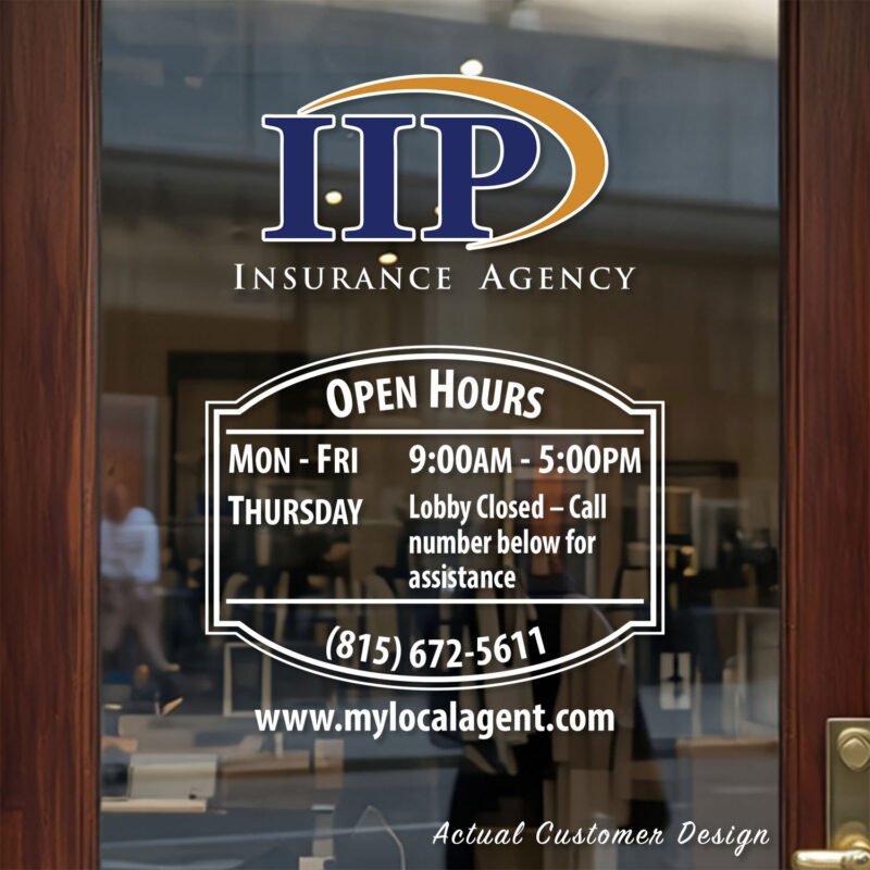 Custom open hours decal applied on wooden glass door, business storefront vinyl lettering, personalized store hours sticker by TheRetractableBanner.Shop