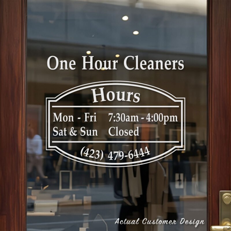 Custom open hours decal applied on wooden glass door, business storefront vinyl lettering, personalized store hours sticker by TheRetractableBanner.Shop
