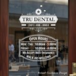 Custom open hours decal applied on wooden glass door, business storefront vinyl lettering, personalized store hours sticker by TheRetractableBanner.Shop