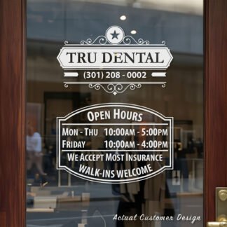Custom open hours decal applied on wooden glass door, business storefront vinyl lettering, personalized store hours sticker by TheRetractableBanner.Shop