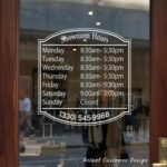 Custom open hours decal applied on wooden glass door, business storefront vinyl lettering, personalized store hours sticker by TheRetractableBanner.Shop