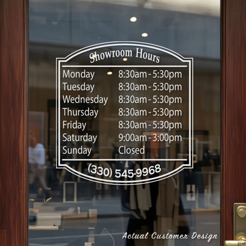 Custom open hours decal applied on wooden glass door, business storefront vinyl lettering, personalized store hours sticker by TheRetractableBanner.Shop