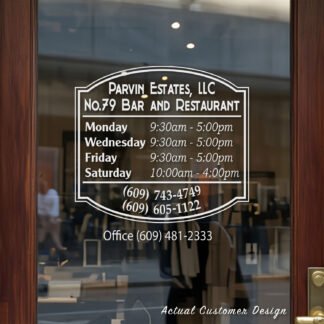 Custom open hours decal applied on wooden glass door, business storefront vinyl lettering, personalized store hours sticker by TheRetractableBanner.Shop