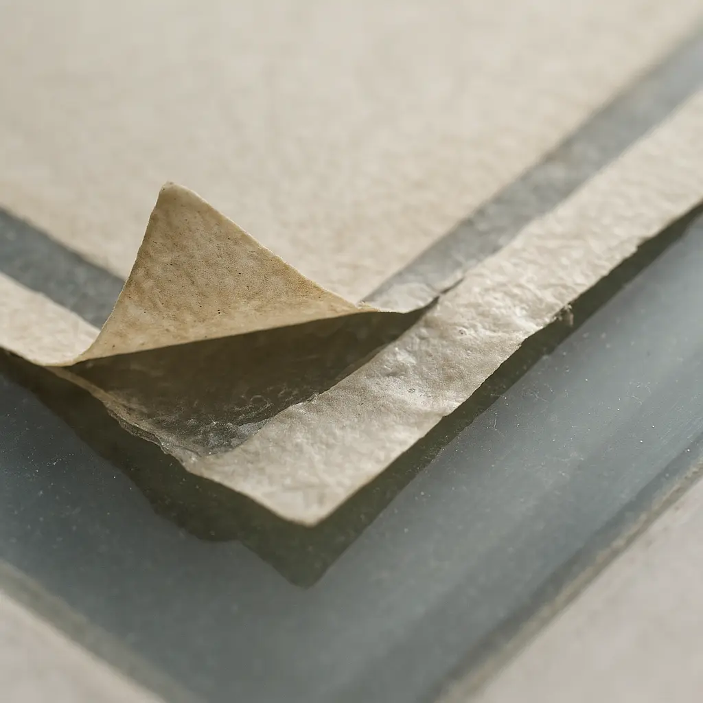 Close-up of peeling vinyl decal edges showing lifting corners and adhesive failure