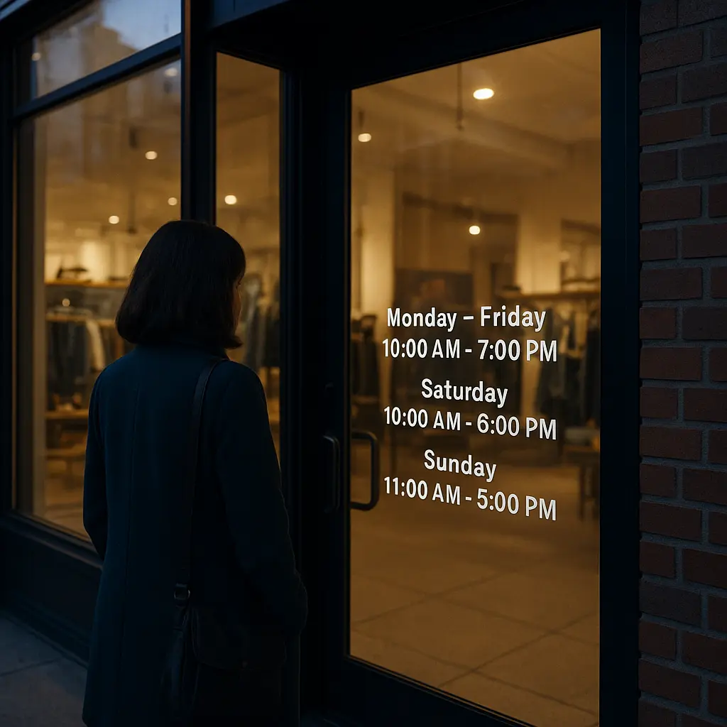 Customer standing at storefront unable to read business hours decal from street distance