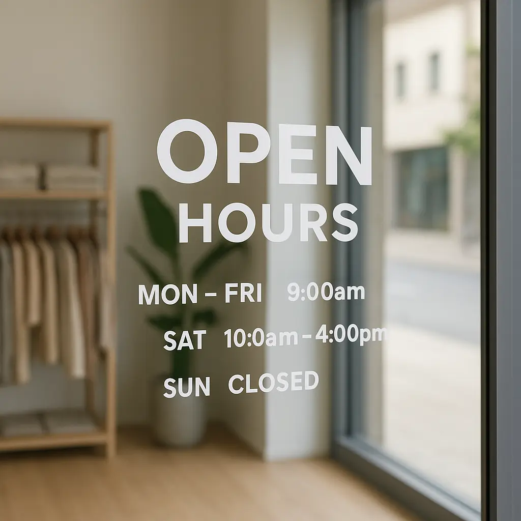 Interior view of open hours decal mounted on storefront window from inside the business