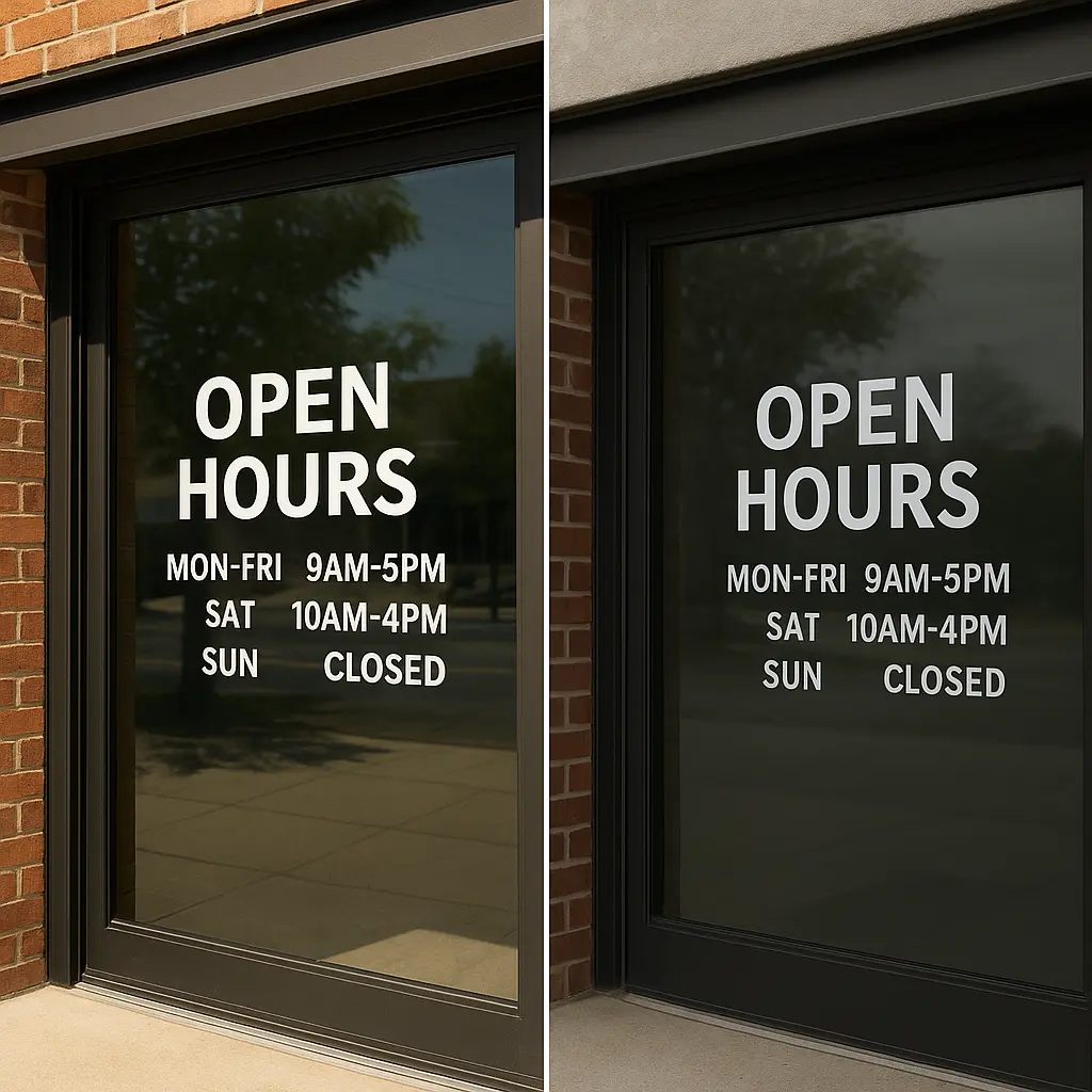 Storefront window demonstrating open hours decal visibility under different lighting and weather conditions