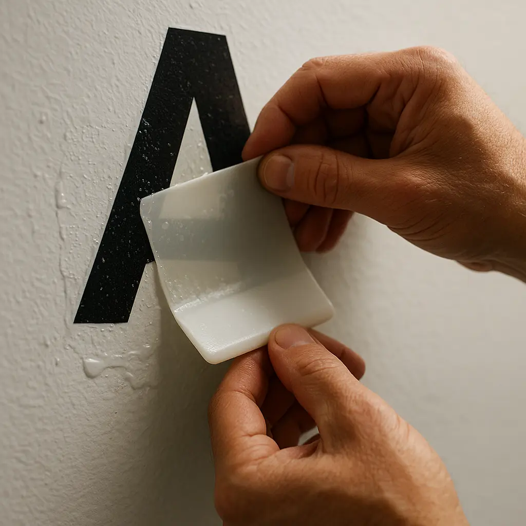 Close-up of vinyl lettering installation process with squeegee and application tools