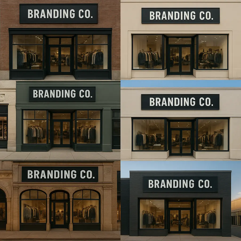 Multiple retail locations displaying identical custom vinyl branding across different storefronts
