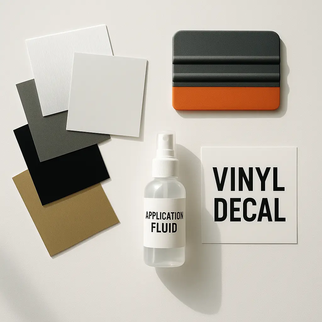 Professional vinyl decal materials and installation tools arranged for product display