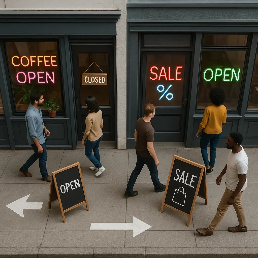 Multiple storefronts displaying different types of signage solutions to attract customers