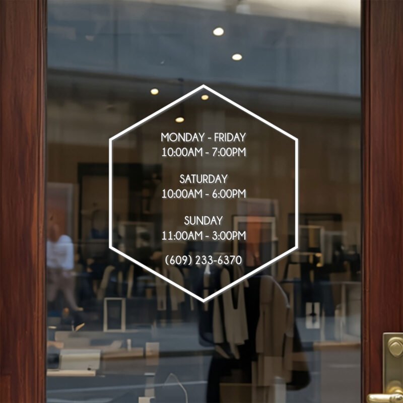 style-02a Custom open hours decal applied on wooden glass door, business storefront vinyl lettering, personalized store hours sticker by TheRetractableBanner.Shop