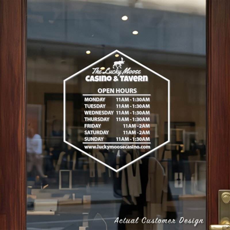 Custom open hours decal applied on wooden glass door, business storefront vinyl lettering, personalized store hours sticker by TheRetractableBanner.Shop