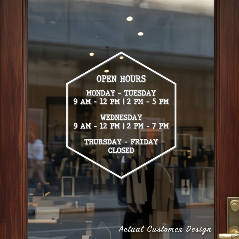 Custom open hours decal applied on wooden glass door, business storefront vinyl lettering, personalized store hours sticker by TheRetractableBanner.Shop