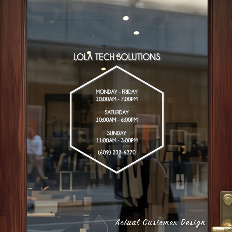 Custom open hours decal applied on wooden glass door, business storefront vinyl lettering, personalized store hours sticker by TheRetractableBanner.Shop
