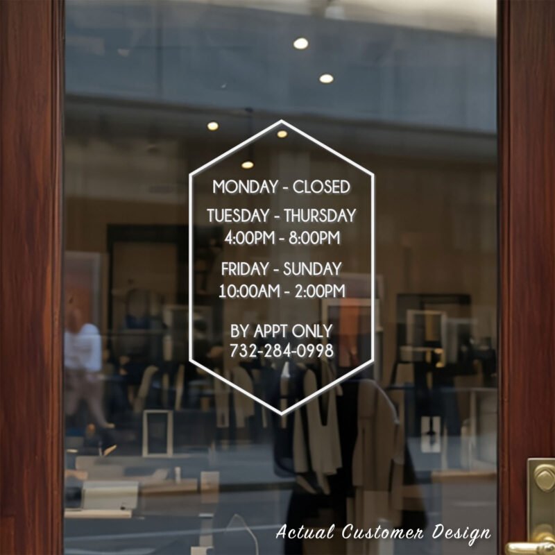 Custom open hours decal applied on wooden glass door, business storefront vinyl lettering, personalized store hours sticker by TheRetractableBanner.Shop