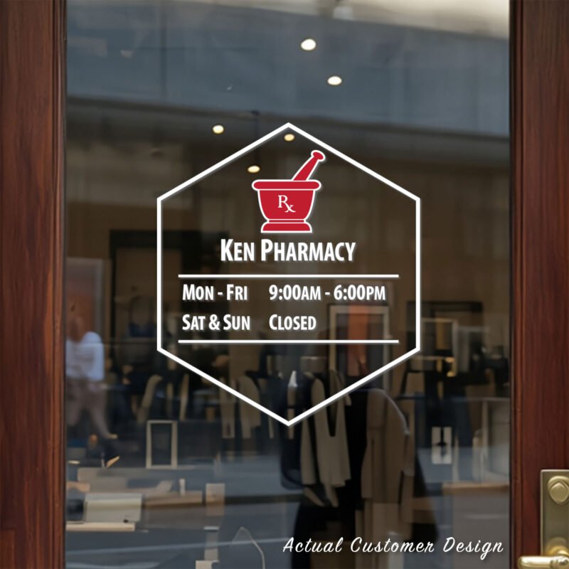 Custom open hours decal applied on wooden glass door, business storefront vinyl lettering, personalized store hours sticker by TheRetractableBanner.Shop