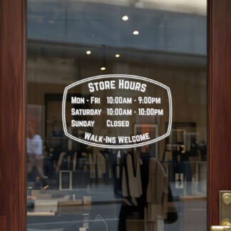 Custom open hours decal applied on wooden glass door, business storefront vinyl lettering, personalized store hours sticker by TheRetractableBanner.Shop