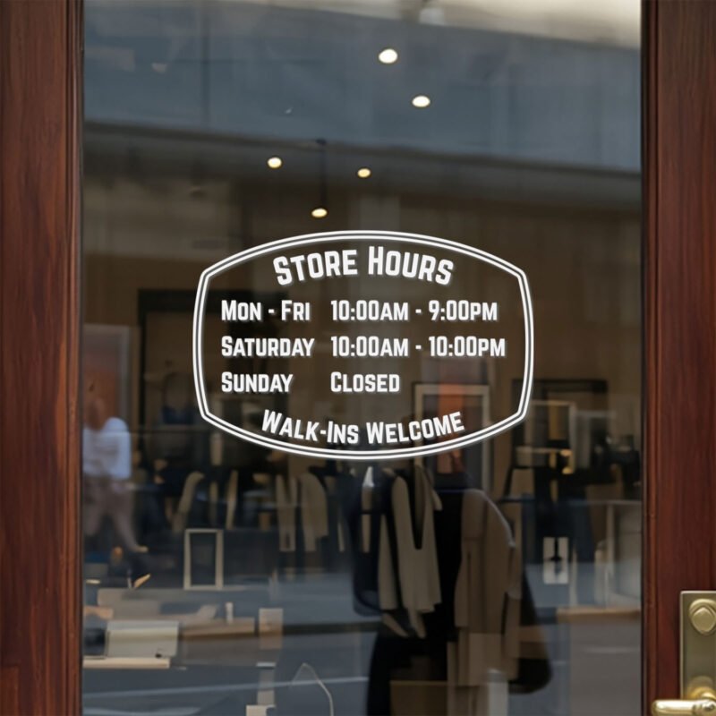 Custom open hours decal applied on wooden glass door, business storefront vinyl lettering, personalized store hours sticker by TheRetractableBanner.Shop