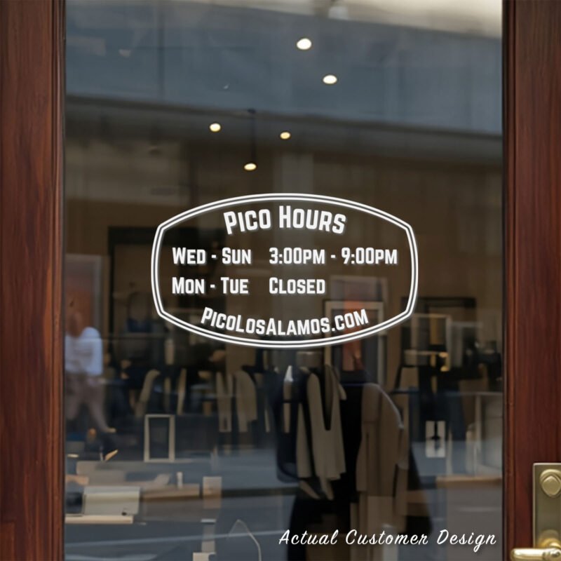 Custom open hours decal applied on wooden glass door, business storefront vinyl lettering, personalized store hours sticker by TheRetractableBanner.Shop