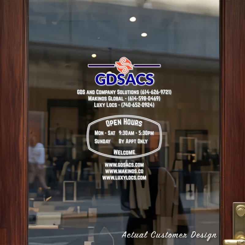 Custom open hours decal applied on wooden glass door, business storefront vinyl lettering, personalized store hours sticker by TheRetractableBanner.Shop