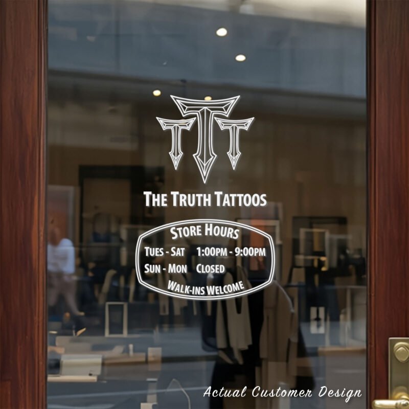 Custom open hours decal applied on wooden glass door, business storefront vinyl lettering, personalized store hours sticker by TheRetractableBanner.Shop
