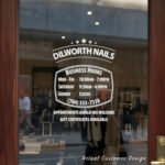 Custom open hours decal applied on wooden glass door, business storefront vinyl lettering, personalized store hours sticker by TheRetractableBanner.Shop