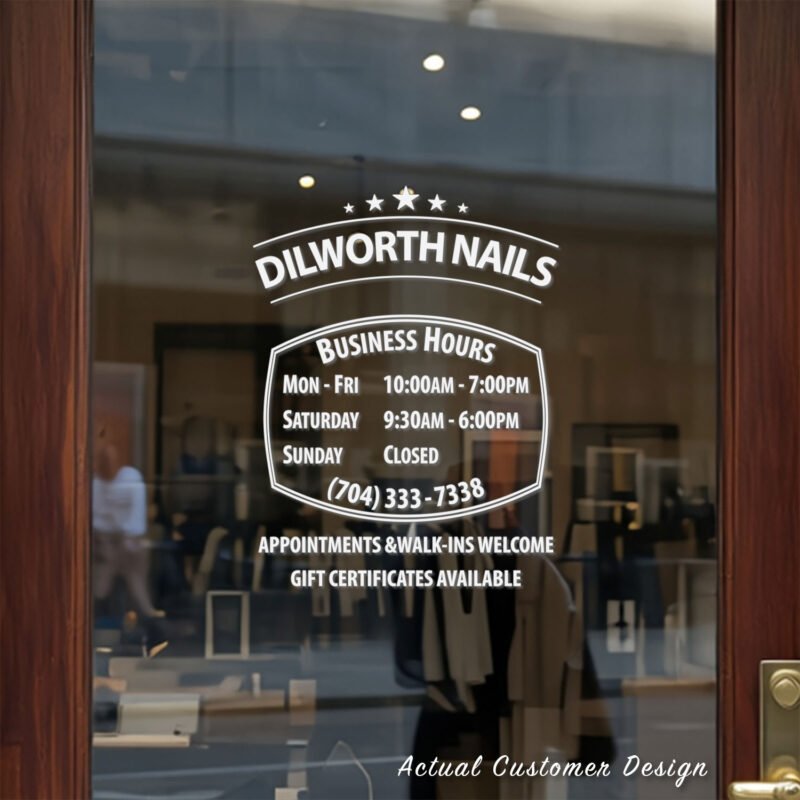 Custom open hours decal applied on wooden glass door, business storefront vinyl lettering, personalized store hours sticker by TheRetractableBanner.Shop