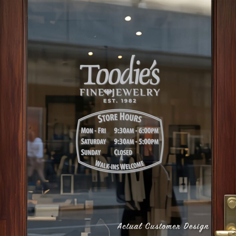 Custom open hours decal applied on wooden glass door, business storefront vinyl lettering, personalized store hours sticker by TheRetractableBanner.Shop