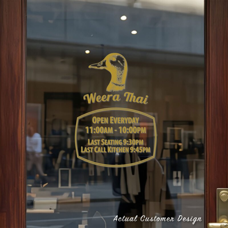 Custom open hours decal applied on wooden glass door, business storefront vinyl lettering, personalized store hours sticker by TheRetractableBanner.Shop