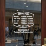 Custom open hours decal applied on wooden glass door, business storefront vinyl lettering, personalized store hours sticker by TheRetractableBanner.Shop