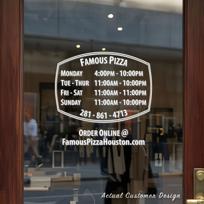 Custom open hours decal applied on wooden glass door, business storefront vinyl lettering, personalized store hours sticker by TheRetractableBanner.Shop
