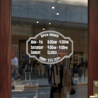 Custom open hours decal applied on wooden glass door, business storefront vinyl lettering, personalized store hours sticker by TheRetractableBanner.Shop