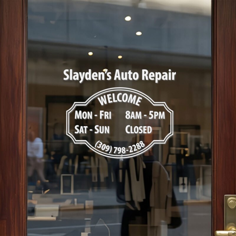 Custom open hours decal applied on wooden glass door, business storefront vinyl lettering, personalized store hours sticker by TheRetractableBanner.Shop