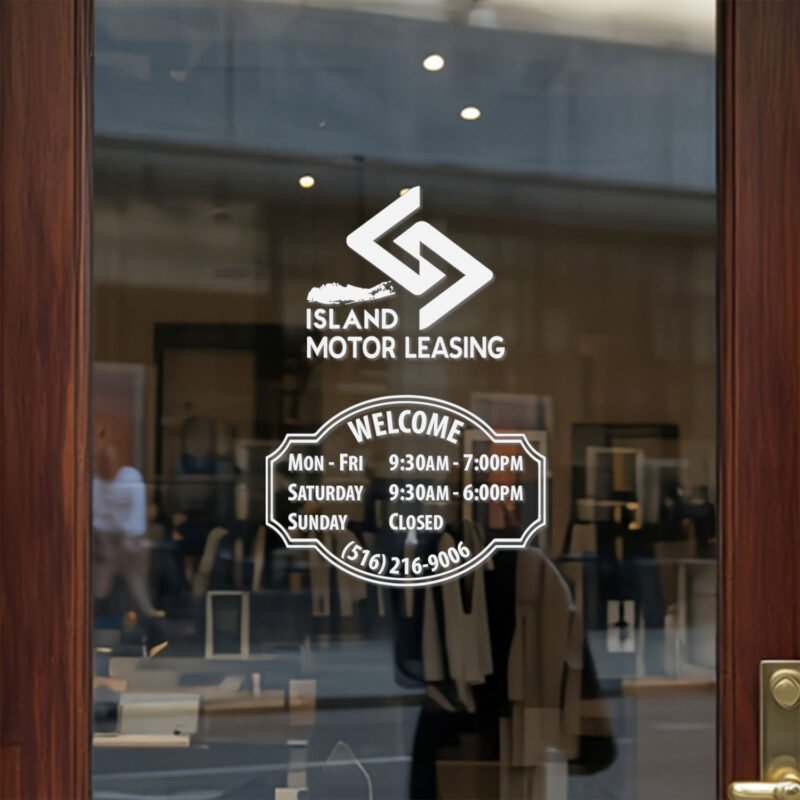 Custom open hours decal applied on wooden glass door, business storefront vinyl lettering, personalized store hours sticker by TheRetractableBanner.Shop