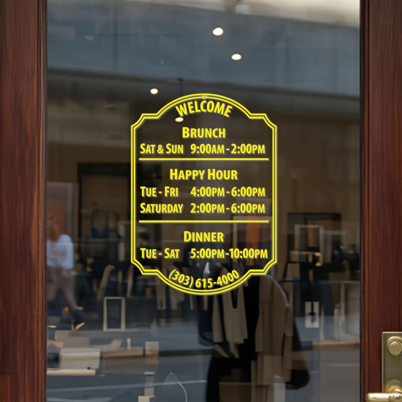 Custom open hours decal applied on wooden glass door, business storefront vinyl lettering, personalized store hours sticker by TheRetractableBanner.Shop