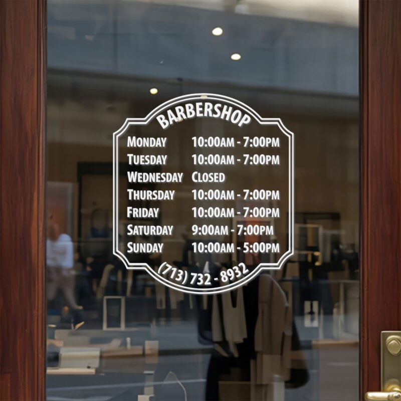 Custom open hours decal applied on wooden glass door, business storefront vinyl lettering, personalized store hours sticker by TheRetractableBanner.Shop
