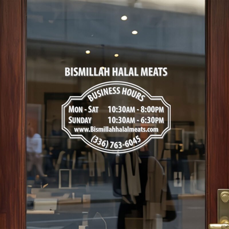 Custom open hours decal applied on wooden glass door, business storefront vinyl lettering, personalized store hours sticker by TheRetractableBanner.Shop
