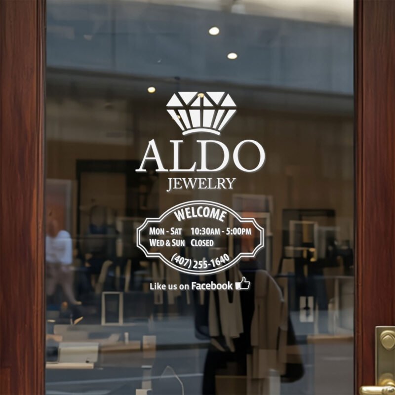 Custom open hours decal applied on wooden glass door, business storefront vinyl lettering, personalized store hours sticker by TheRetractableBanner.Shop
