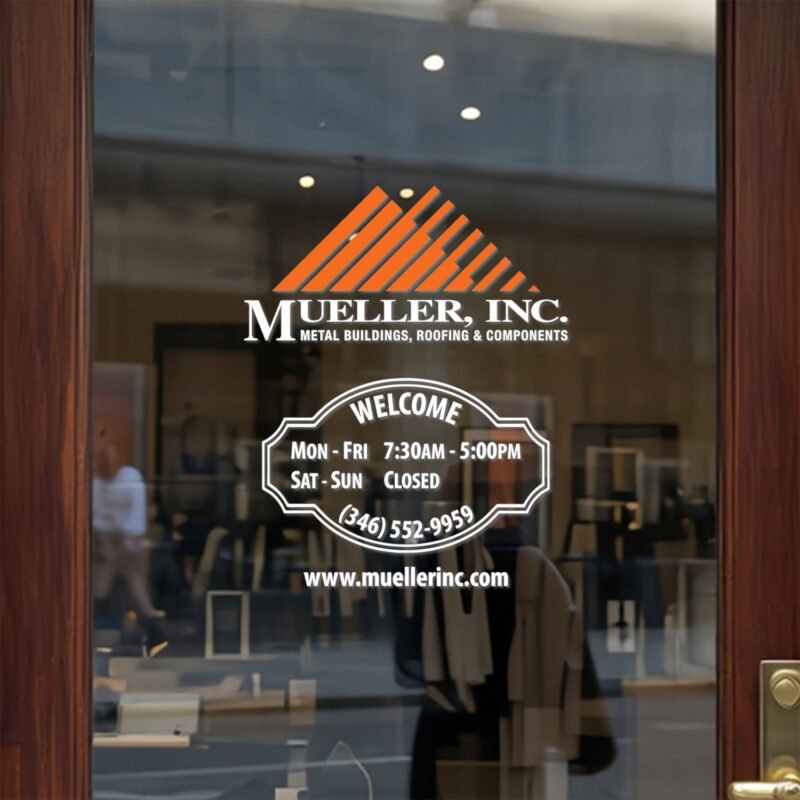 Custom open hours decal applied on wooden glass door, business storefront vinyl lettering, personalized store hours sticker by TheRetractableBanner.Shop