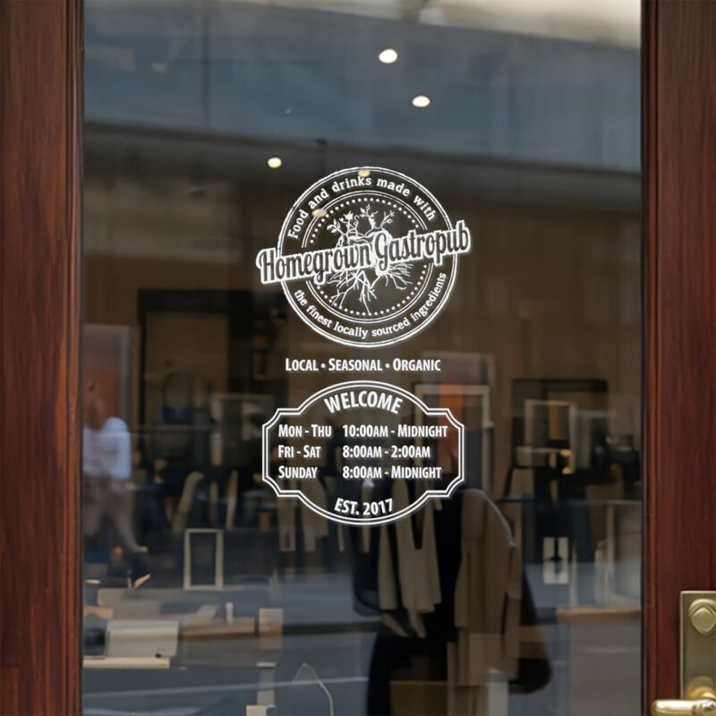 Custom open hours decal applied on wooden glass door, business storefront vinyl lettering, personalized store hours sticker by TheRetractableBanner.Shop