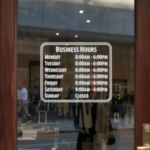 Custom open hours decal applied on wooden glass door, business storefront vinyl lettering, personalized store hours sticker by TheRetractableBanner.Shop