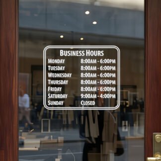 Custom open hours decal applied on wooden glass door, business storefront vinyl lettering, personalized store hours sticker by TheRetractableBanner.Shop