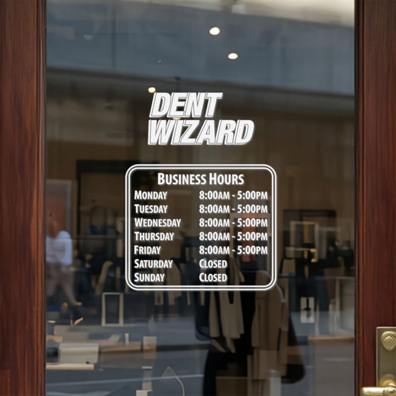 Custom open hours decal applied on wooden glass door, business storefront vinyl lettering, personalized store hours sticker by TheRetractableBanner.Shop