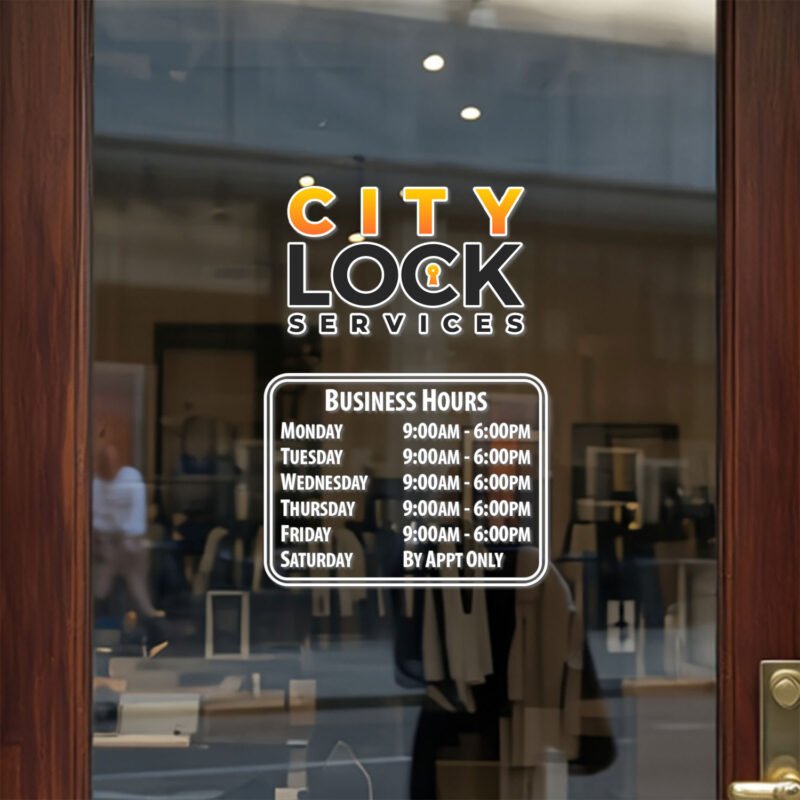 Custom open hours decal applied on wooden glass door, business storefront vinyl lettering, personalized store hours sticker by TheRetractableBanner.Shop